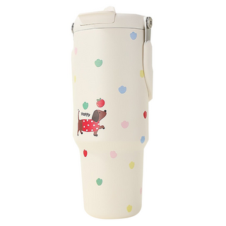 大容量可手提雙飲保溫杯, 臘腸小狗 白色, 900ml, 1個