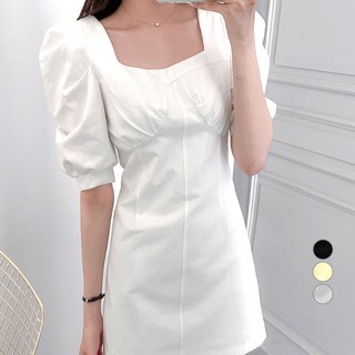 ViVEMO 方領袖口抓皺修身迷你連身裙 01160, 白色