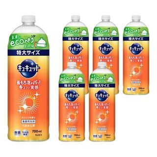 Kao 花王 Cucute 珂珂透 餐具洗碗精補充瓶 柑橘香, 700ml, 6瓶