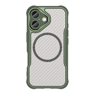 碳纖紋防摔殼 TPU+PC+強力磁環+鋁合金 厚度約1.2cm, iPhone 16 Plus, 軍墨綠