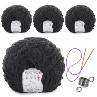 미소털실 해피푸들 뜨개실 80g 4p + 줄바늘 + 뜨개반지, 14오닉스, 1세트