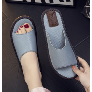 真皮頭層牛皮編織紋防滑室內拖鞋, 27, 藍色, 1雙