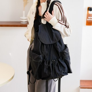 Elsso 尼龍日常抽繩輕量沙沙聲休閒防水束口袋背包, 黑色