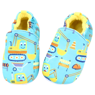 歐美手工防滑棉布嬰兒學步鞋 可愛挖土機 藍色 + 黃色, 16cm