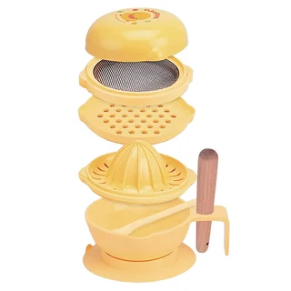 PiYOPiYO 黃色小鴨 嬰幼兒七件組食物調理器, 濾網 + 餵食湯匙 + 研磨蓋子 + 研磨板 + 榨擠果汁器 + 研磨器, 1組, 黃色