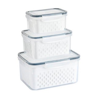 密封瀝水保鮮盒3件組, 小 800ml + 中 1700ml + 大 3150ml, 1組