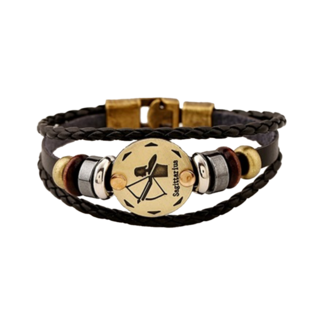 真皮頭層牛皮編織搭合金手環, 20.5~21 x 1cm, 射手