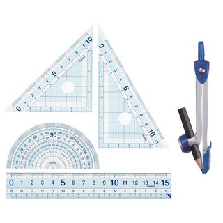 Raymay 藤井 書寫繪圖量尺組 零距離三角板 + 分度器尺 + 圓規, 藍色 + 透明色, 1組