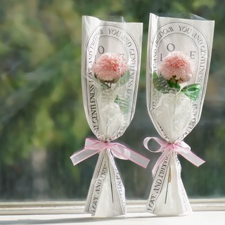 아스파시아 비누꽃 클레오 퐁퐁 카네이션 한 송이 꽃다발 2p + 메세지픽 2p + 쇼핑백 2p 세트, 핑크 + 핑크, 1개