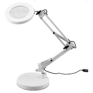 LED 環形放大鏡短臂檯燈 底座 + 夾座 雙座款 附5V/3A變壓器, 白色