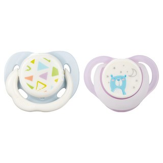 Combi 康貝 日+夜用安撫奶嘴組 符合亞洲寶寶口腔尺寸及形狀 小兒齒科醫生監製齒顎設計 奶嘴內部可清洗, 8個月以上, 幾何藍+夜夢熊紫, 1組