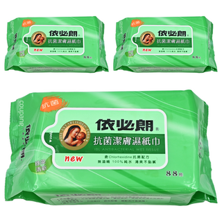 依必朗抗菌潔膚濕巾, 綠茶清香, 無酒精, 100%純水, 清爽不黏膩, 88張, 3包