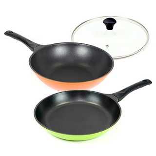 Kitchen-Art 鑽石不沾鍋三件組, 平底鍋28cm + 炒鍋28cm + 鍋蓋28cm, 橘色 + 綠色, 1組