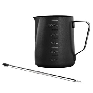 KALDIN 附刻度鐵氟龍拉花鋼杯 350ml + 不鏽鋼拉花針組合, 1套, 黑色(拉花鋼杯), 銀色(拉花針)