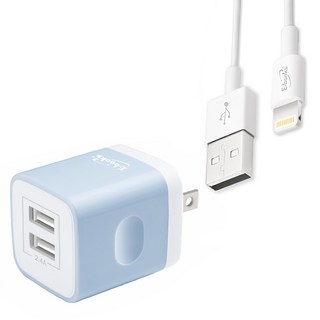 E-books B52 智慧分流2.4A雙USB快速充電器 1M Lightning 充電線, 藍色, 1組