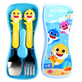 Pinkfong Baby Shark 3D立體湯匙叉子餐具盒組, 湯匙 + 叉子 + 收納盒, 1組, Baby Shark 黃色 + 藍色