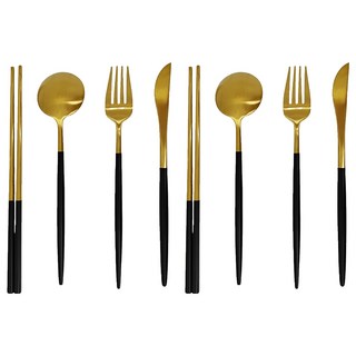Kivoli 現代風金黑配色餐具4件組 2人份, 湯匙 + 筷子 + 刀子 + 叉子, 金色, 黑色, 1套