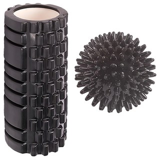 Nopeasti 諾比 健身舒壓筋膜物理放鬆套組 迷你款瑜珈柱/按摩球 PVC+EVA材質 迷你柱(8 x 8 x 30cm) 按摩球(6 x 6cm), 黑色, 1組