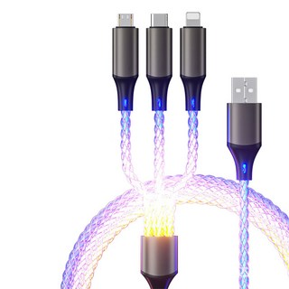 YORI CAR 優里 USB-Type-C-Lightmimg-Mirco漸變流光一拖三充電線, 1.2m, 彩色, 1條