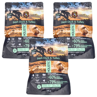 AMBROSIA 安柏希雅 成貓/結紮貓/體控貓 無穀鮮肉貓糧, 鴨肉 + 火雞肉, 100g, 3袋