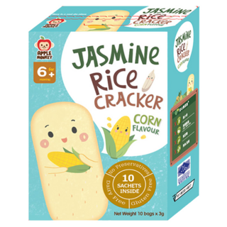 APPLE MONKEY 愛啵寶寶 茉莉香米餅, 適合6個月以上寶寶, 無麩質, 無乳製品, 非油炸, 獨立包裝, 玉米, 30g, 1盒