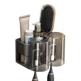 牙刷架附杯子二人款 免釘膠槍浴室收納, 槍灰, 1個