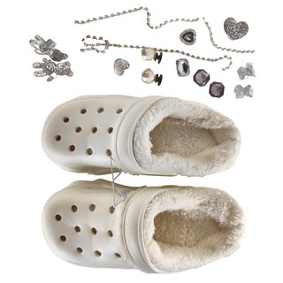 Ego Life 水晶熊配飾柔軟毛絨可拆卸EVA增高厚底洞洞鞋, 35-36, 白色