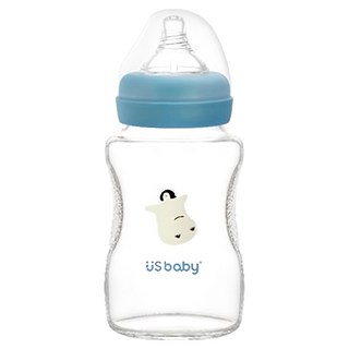 US baby 優生 真母感玻璃瓶 寬口徑 附奶嘴 - α33安心係數, 人體工學弧形設計, 耐熱玻璃600度, 企鵝, 240ml, 1個