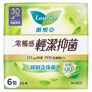 Laurier 蕾妮亞 台灣公司貨 零觸感特薄輕潔抑菌衛生棉, 6包, 6片, 特長夜用型 30cm