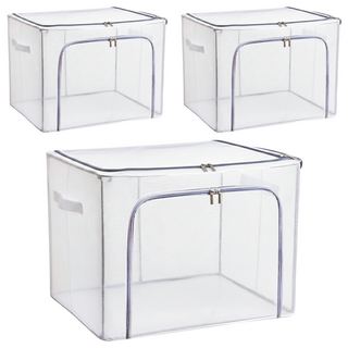 樂邦 雙開口PVC鋼架衣服收納箱/棉被收納 拉鍊 大容量 可疊加 80L, 藏灰色, 3個