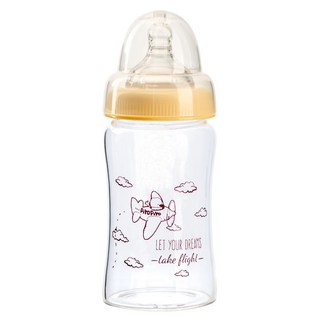 PiYOPiYO 黃色小鴨 寬口晶鑽玻璃奶瓶，耐高溫不易破裂，防脹氣設計，安全無毒矽膠材質, 黃色, 180ml, 1個