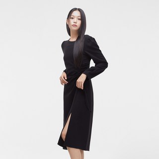 MIXXO 女款圓領抽褶開衩連身裙, (19號)黑色
