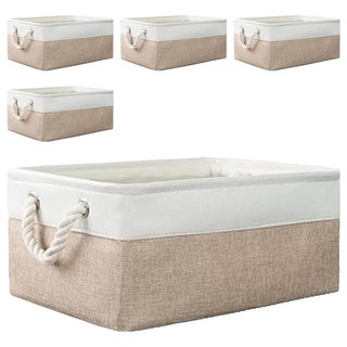 妃妃嚴選 加厚亞麻收納籃 聚酯纖維+EVA, 中 37 x 26 x 7cm, 白色 + 米色, 5個