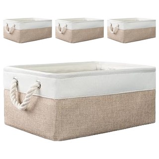 妃妃嚴選 加厚亞麻收納籃 雙色 聚酯纖維+EVA, 中 37 x 26 x 7cm, 白色 + 米色, 4個