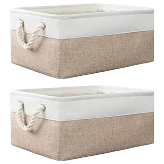 加厚亞麻收納籃 雙色 聚酯纖維+EVA, 中 37 x 26 x 7cm, 白色 + 米色, 2個