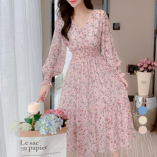 엘쏘 V넥 허리라인 쉬폰 원피스 빅사이즈 포함