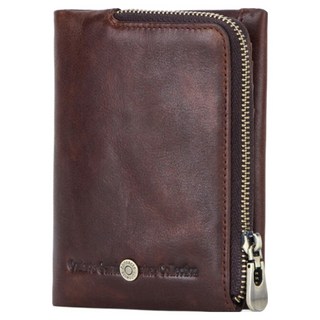 Contacts 真皮頭層牛皮男士短夾, 雙零錢袋, 12卡位, 防磁滌綸襯布, LH978, 咖啡色, 1個