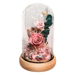 永生花 Set 永生花玫瑰 櫸木底座 高硼矽高透玻璃罩 小夜燈 居家裝飾 教師節禮物 情人節禮物 附黑色禮盒及黑色手提紙袋, 粉色, 1組