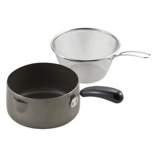 YOSHIKAWA 吉川 日本製油炸鍋附把手濾網 Set, 適用於IH爐，1300ml, 黑色, 1組