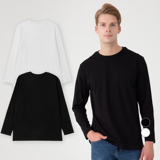 BASE ALPHA ESSENTIALS 男女適用純棉圓領長袖上衣 2件組, 黑+白