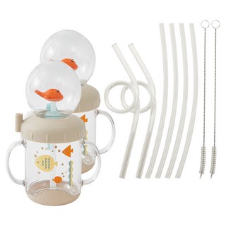 LITTLE CLOUD 小金魚噴泉吸管杯組+清潔刷, 2組, 混色, 220ml