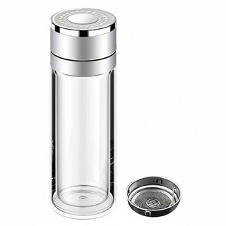 一鍵開蓋茶水分離杯 24x7cm 500ml 高硼矽玻璃不鏽鋼濾網 拆洗方便, 銀色, 1個