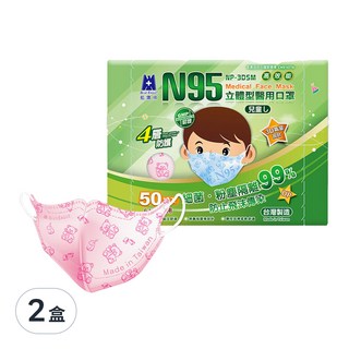 BLUE EAGLE 藍鷹牌 N95立體型兒童醫用口罩 6~10歲適用, 粉熊, 50片, 2盒
