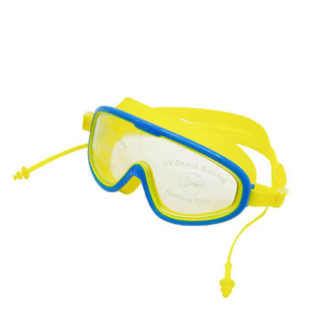 大框防霧兒童泳鏡 帶連體耳塞, 藍黃色, 1個