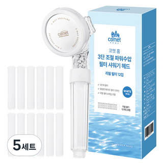 코멧 홈 3단 조절 파워수압 필터 샤워기 헤드 + 리필 12p 세트, 화이트, 5세트