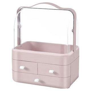 化妝品防塵收納箱 一般款 三抽屜帶提把, 櫻花粉, 1個
