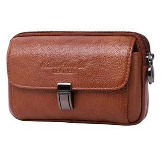 Xiao Duo Li LEATHER 真皮頭層牛皮雙拉鍊男士腰掛包手機包 18 x 11 x 5cm 橫款咖, 1個
