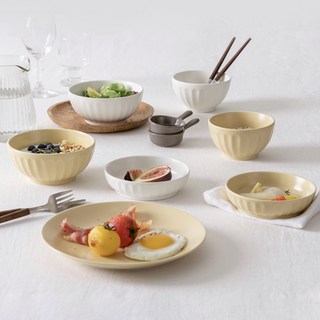 ssueim MILD MATTE雙人用陶瓷餐盤餐碗組, 湯碗 2個+飯碗 2個+配菜盤 2個+醬碗 2個+圓盤, 奶油白+雞蛋黃