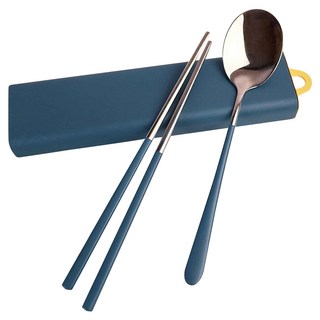 拉伸盒便攜餐具 筷勺兩件組 D093, 藍銀色, 筷子 + 湯匙 + 拉伸收納盒, 1組