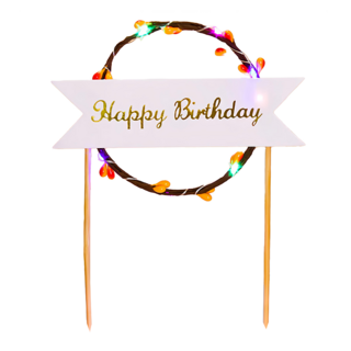 森林系花圈蛋糕插牌 Happy Birthday, 彩燈, 蛋糕插牌, 1個